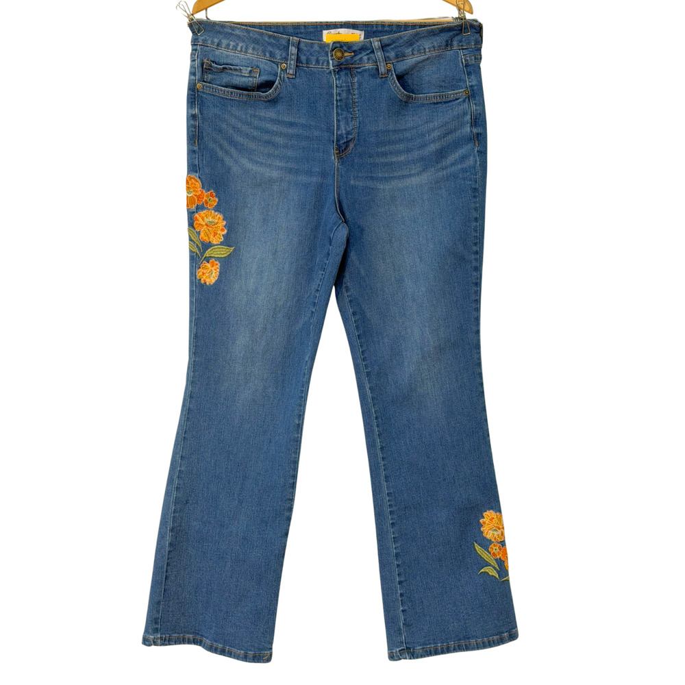 Royalty for Me Sz 14 Slim Boot Cut Jeans Orange Floral Embroidery Stretch Denim
